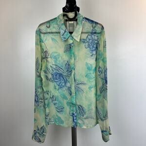 Vintage NC Love Floral Long Sleeve Blue Rayon Blouse Button Up Women's Small